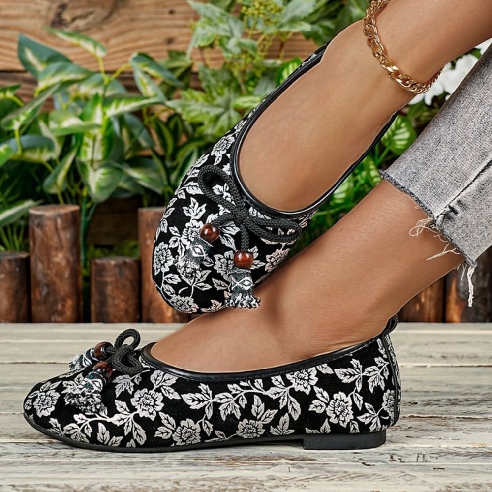 Tassel Bow Beaded Flats Slip-On Round Toe Floral Lightweight Ballet Loafer Shoe